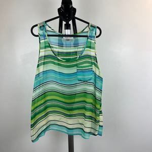 Geri C. Sleeveless Sheer Scoop Neck Striped Blue Green Tank Top Large